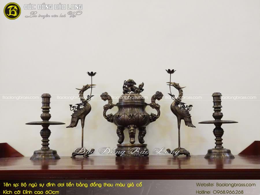 Bộ Ngũ Sự Đỉnh Dơi Tiền Bằng Đồng Thau Màu Giả Cổ 60cm ở Sài Gòn TPHCM