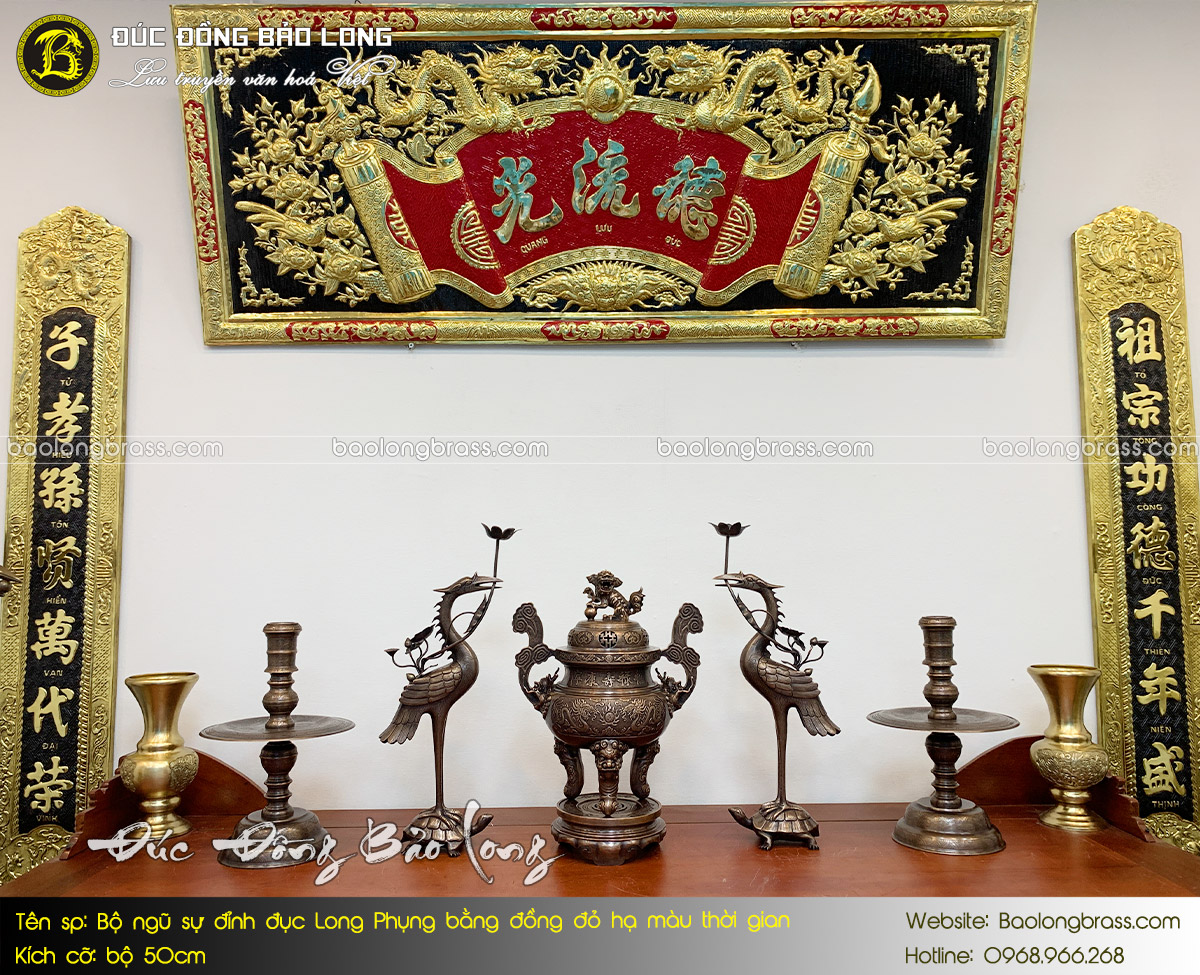 Bộ Ngũ Sự Đỉnh Đục Rồng Phượng Bằng Đồng Đỏ Hạ Màu Thời Gian 50cm ở Sài Gòn TPHCM