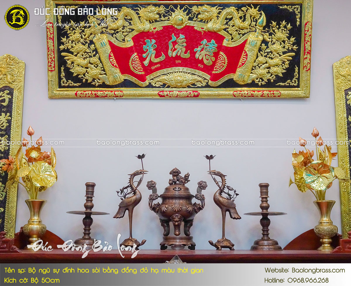 Bộ Ngũ Sự Đỉnh Hoa Sòi Bằng Đồng Đỏ Hạ Màu Thời Gian 50cm ở Sài Gòn TPHCM
