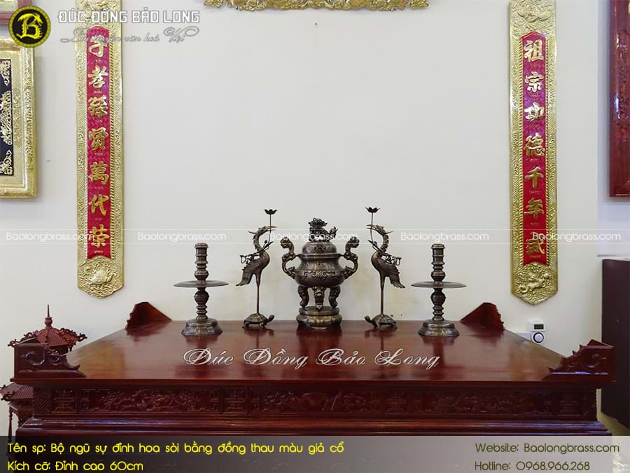 Bộ Ngũ Sự Đỉnh Hoa Sòi Bằng Đồng Thau Màu Giả Cổ 60cm ở Sài Gòn TPHCM