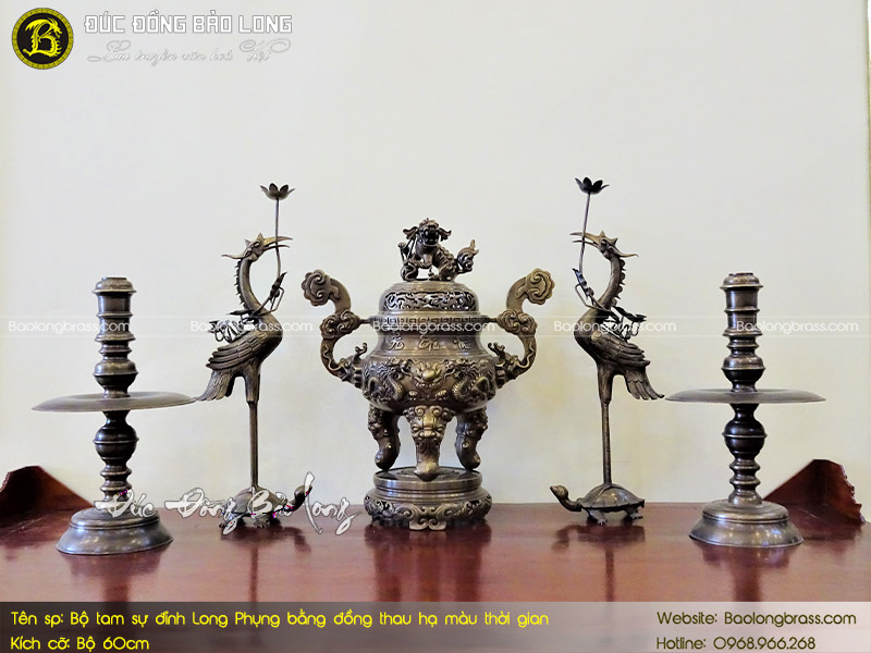 Bộ Ngũ Sự Đỉnh Long Phụng Bằng Đồng Thau Hạ Màu Thời Gian 60cm ở Sài Gòn TPHCM