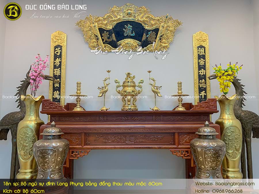Bộ Ngũ Sự Đỉnh Long Phụng Bằng Đồng Thau Màu Mộc 60cm ở Sài Gòn TPHCM