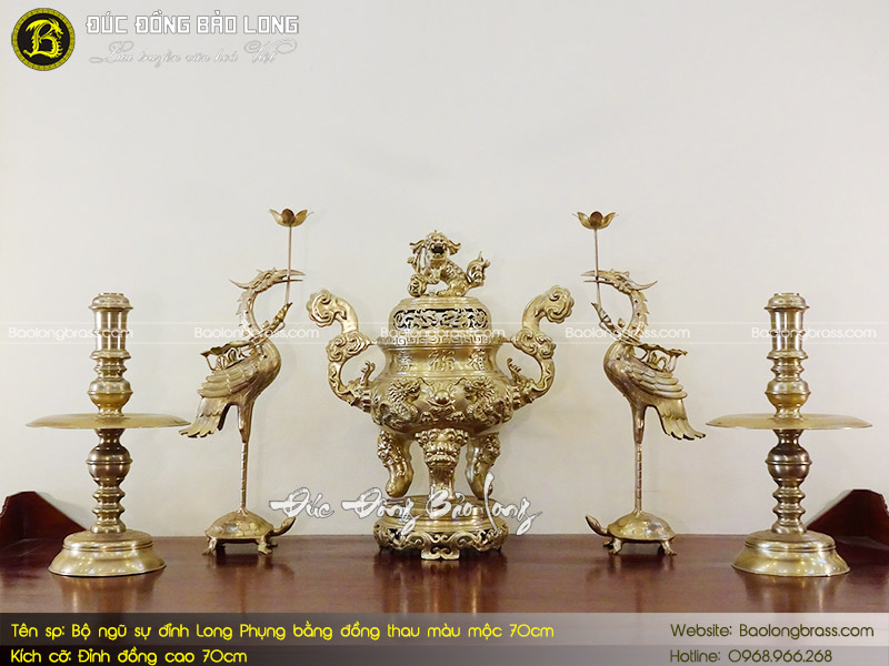 Bộ Ngũ Sự Đỉnh Long Phụng Bằng Đồng Thau Màu Mộc 70cm ở Sài Gòn TPHCM