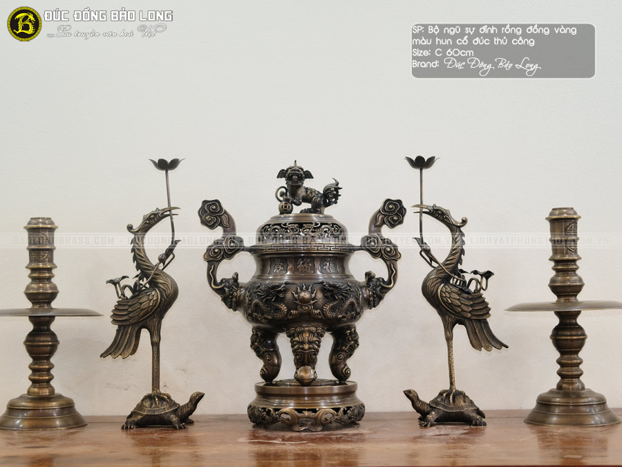 Bộ Ngũ Sự Bằng Đồng Vàng Đỉnh Long Phụng Hạ Màu Thời Gian Bộ 60cm ở Sài Gòn TPHCM