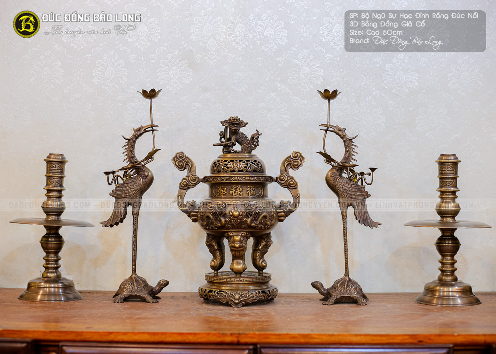 Bộ Ngũ Sự Đỉnh Rồng Đúc Nổi 3D Bằng Đồng Vàng Cao 50cm Giả Cổ ở Sài Gòn TPHCM