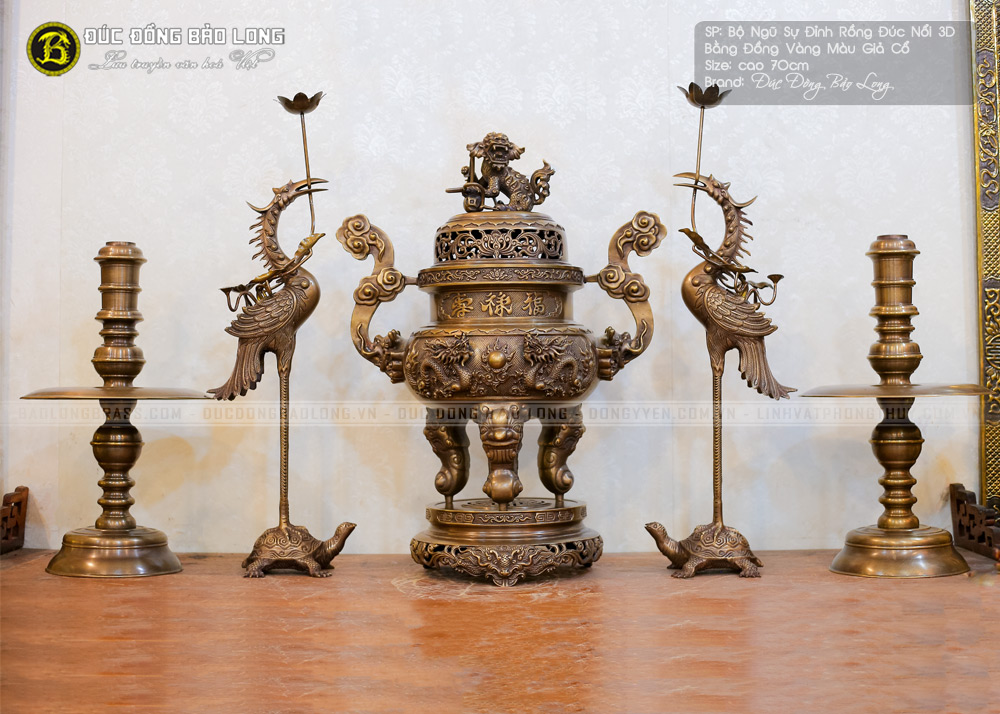 Bộ Ngũ Sự Đỉnh Rồng Đúc Nổi 3D Bằng Đồng Vàng Cao 70cm Giả Cổ ở Sài Gòn TPHCM