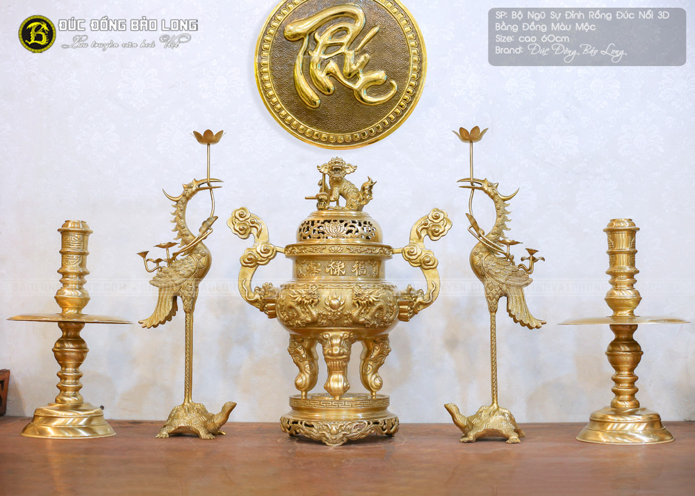 Bộ Ngũ Sự Đỉnh Rồng Đúc Nổi 3D Bằng Đồng Vàng Cao 60cm Màu Mộc ở Sài Gòn TPHCM