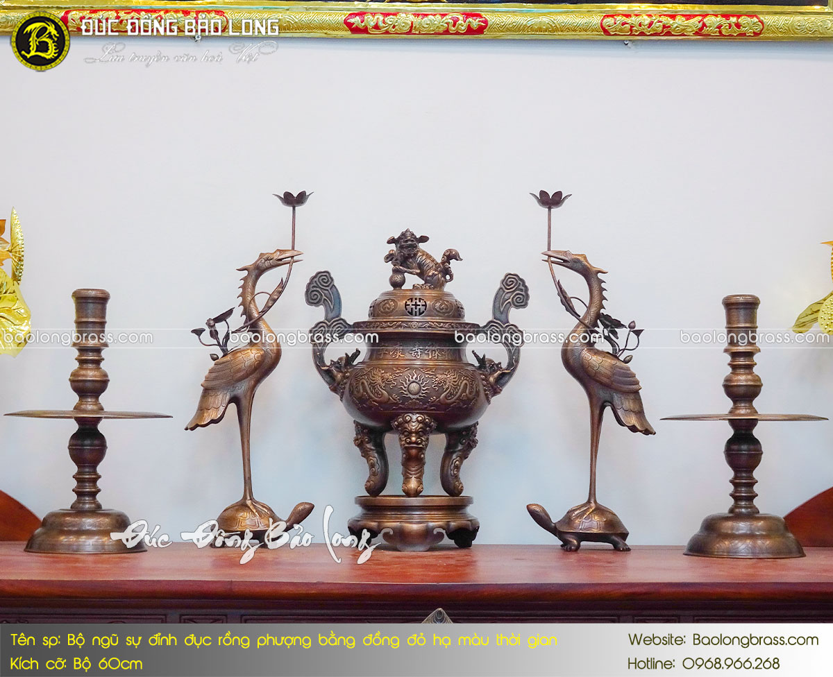 Bộ Ngũ Sự Đỉnh Đục Rồng Phượng Bằng Đồng Đỏ Hạ Màu Thời Gian 60cm ở Sài Gòn TPHCM