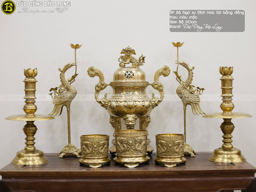 Bộ 3 Bát Hương + Bộ Ngũ Sự Đỉnh Hoa Sòi Bằng Đồng Thau Bộ 60cm ở Sài Gòn TPHCM