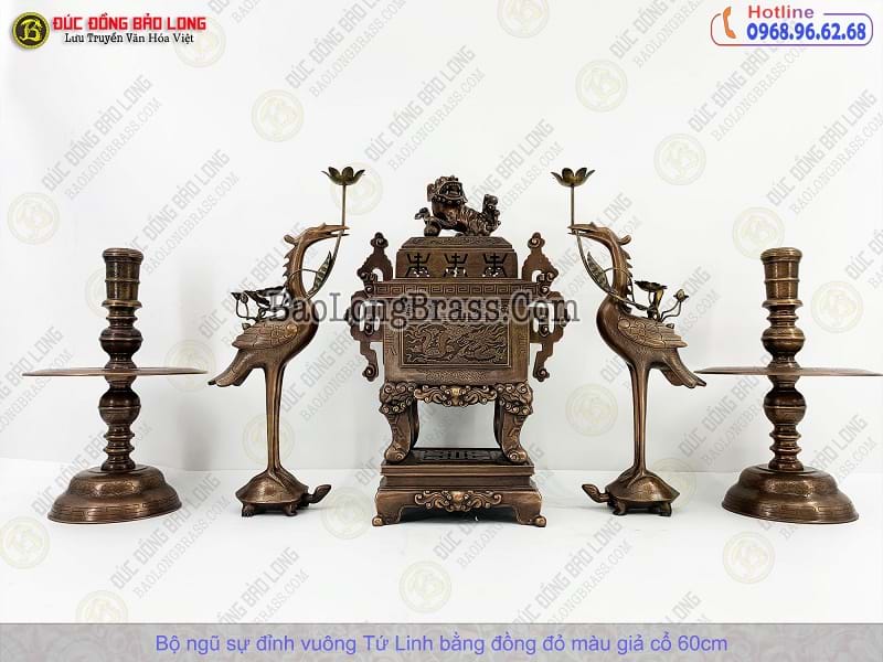 Bộ Ngũ Sự Đỉnh Tứ Linh Bằng Đồng Đỏ Màu Giả Cổ 60cm ở Sài Gòn TPHCM