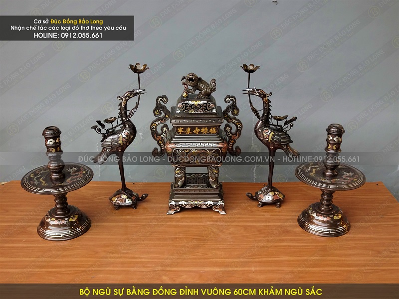 Bộ Ngũ Sự Bằng Đồng Đỉnh Vuông Cổ Khảm Long Phụng 5 Chữ Vàng 60cm ở Sài Gòn TPHCM