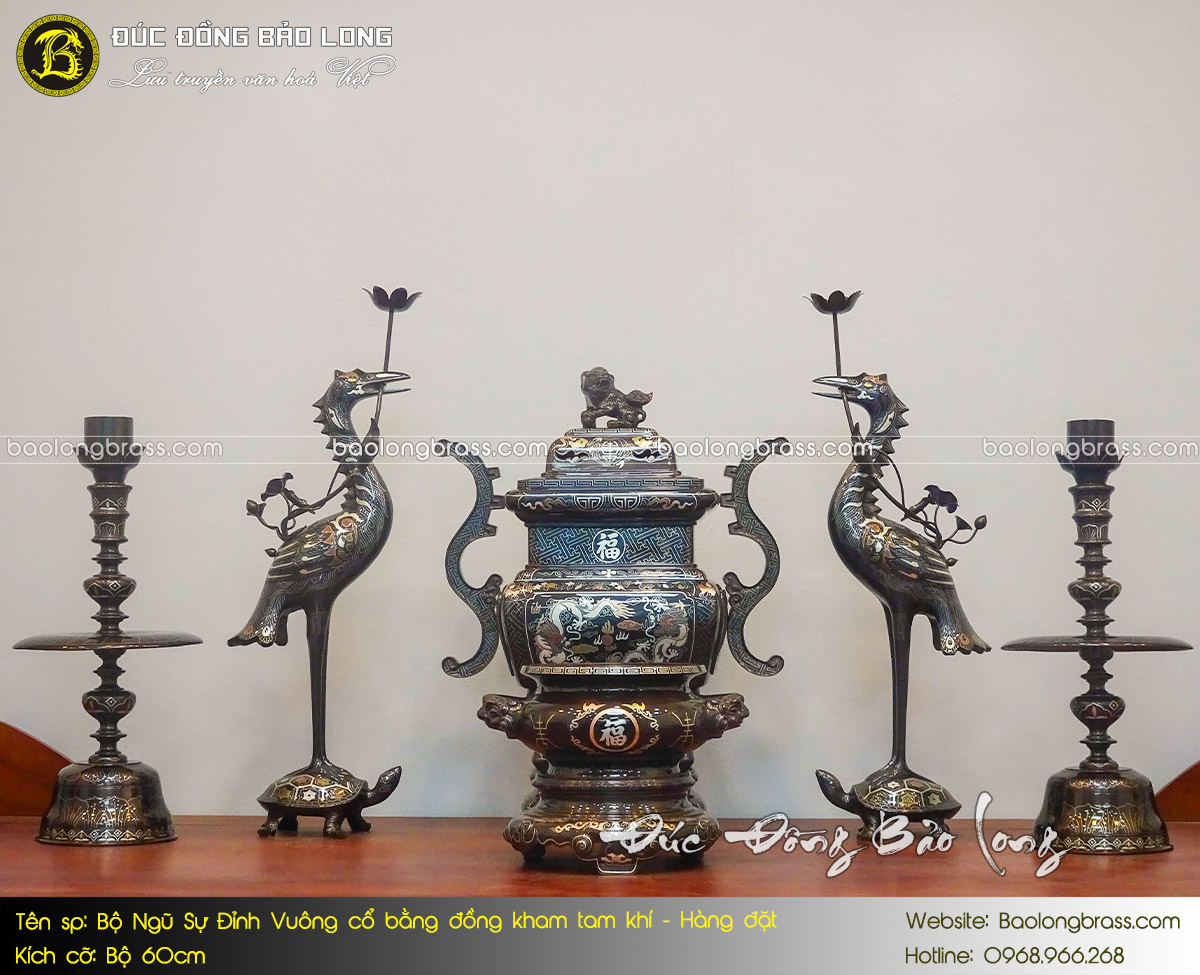 Bộ Ngũ Sự Đỉnh Vuông Cổ Bằng Đồng Khảm Tam Khí - Hàng Đặt ở Sài Gòn TPHCM