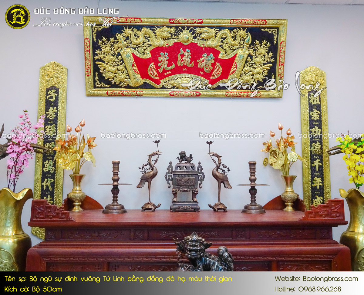 Bộ Ngũ Sự Đỉnh Vuông Tứ Linh Bằng Đồng Đỏ Hạ Màu Thời Gian 50cm ở Sài Gòn TPHCM