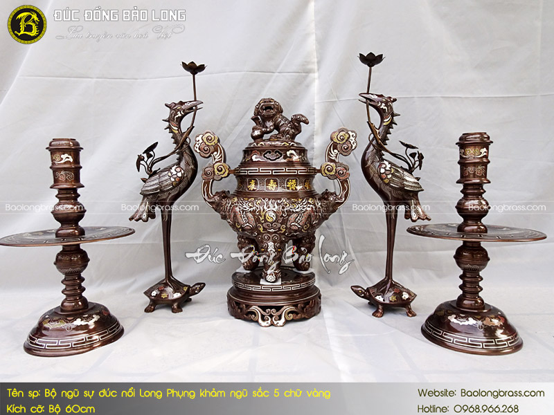 Bộ Ngũ Sự Đúc Nổi Long Phụng Khảm Ngũ Sắc 5 Chữ Vàng 60cm ở Sài Gòn TPHCM