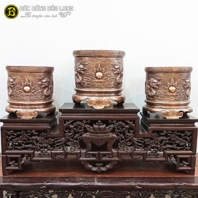Bộ 3 Bát Nhang Đúc Đồng Đỏ Rồng Chầu Màu Giả Cổ ở Sài Gòn TPHCM