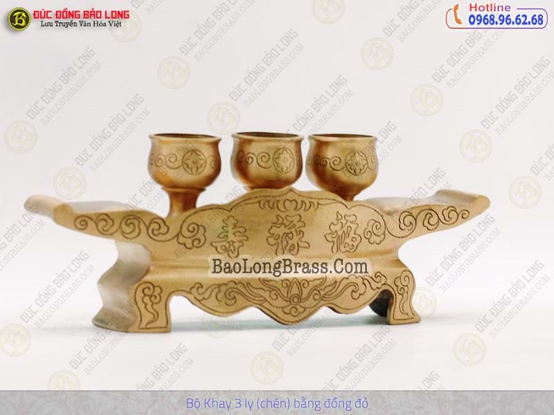 Bộ Khay 3 Chén Bằng Đồng Đỏ Màu Mộc