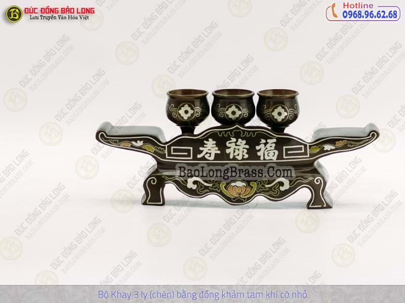 Bộ Khay 3 Chén Bằng Đồng Khảm Tam Khí Cỡ Nhỏ