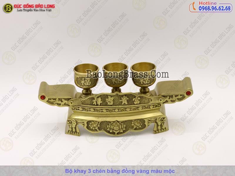 Bộ Khay 3 Chén Bằng Đồng Thau Màu Vàng Mộc