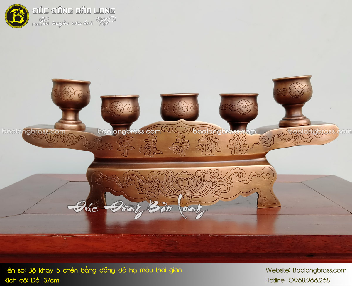 Bộ Khay 5 Chén Bằng Đồng Đỏ Hạ Màu Thời Gian