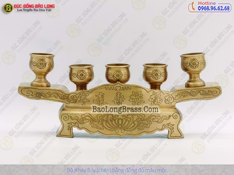 Bộ Khay 5 Chén Bằng Đồng Đỏ Màu Mộc