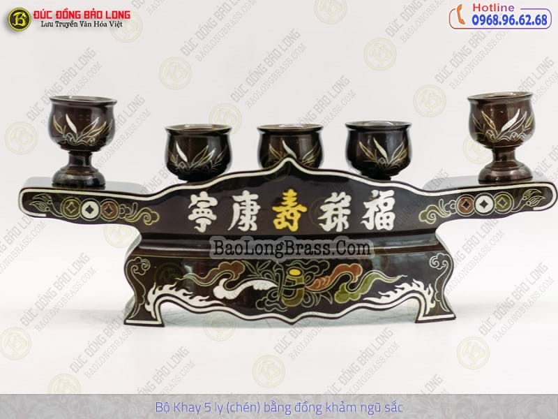 Bộ Khay 5 Chén Bằng Đồng Khảm Ngũ Sắc 1 Chữ Vàng