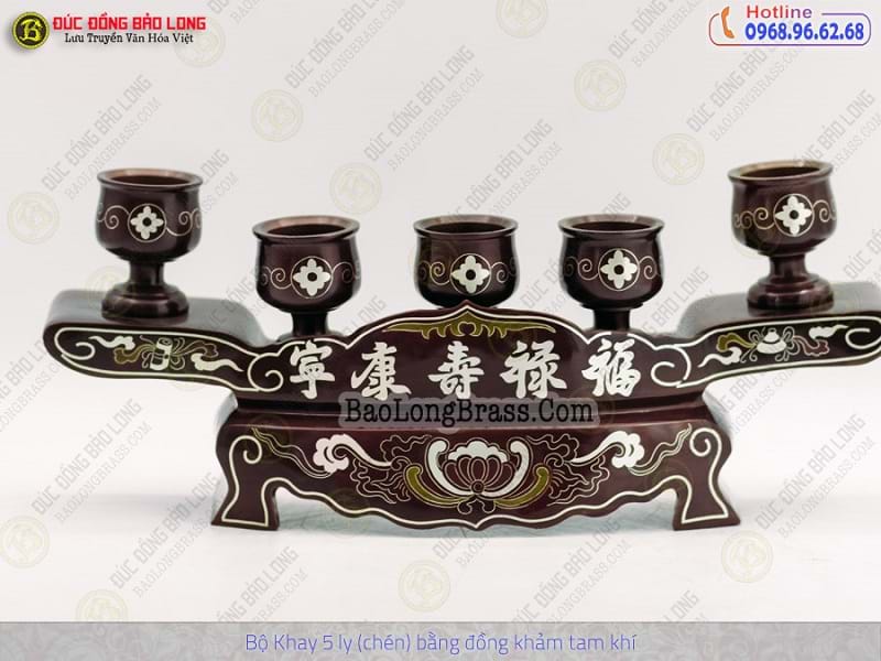 Bộ Khay 5 Chén Bằng Đồng Khảm Tam Khí