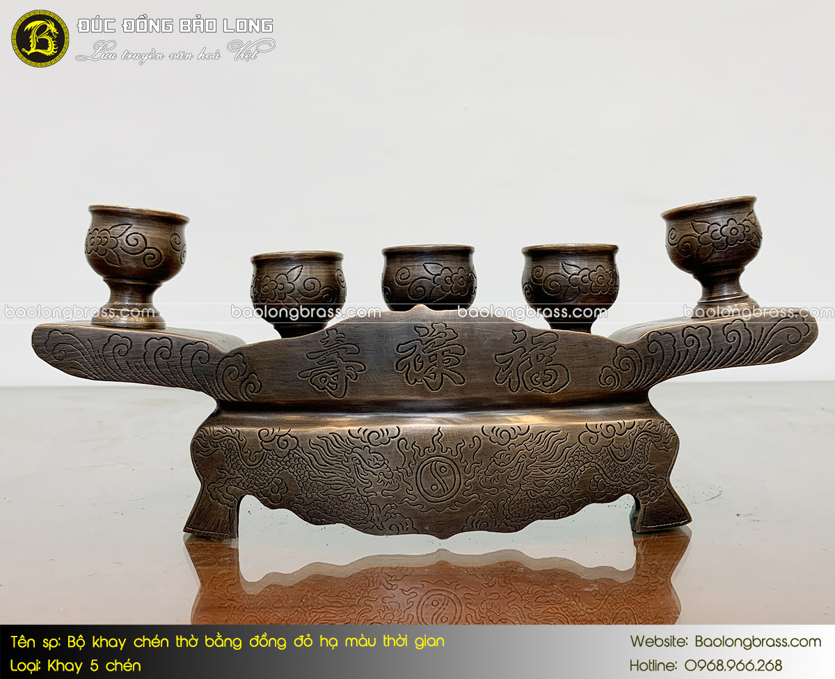 Bộ Khay 5 Chén Thờ Bằng Đồng Đỏ Hạ Màu Trầm Cổ Theo Thời Gian