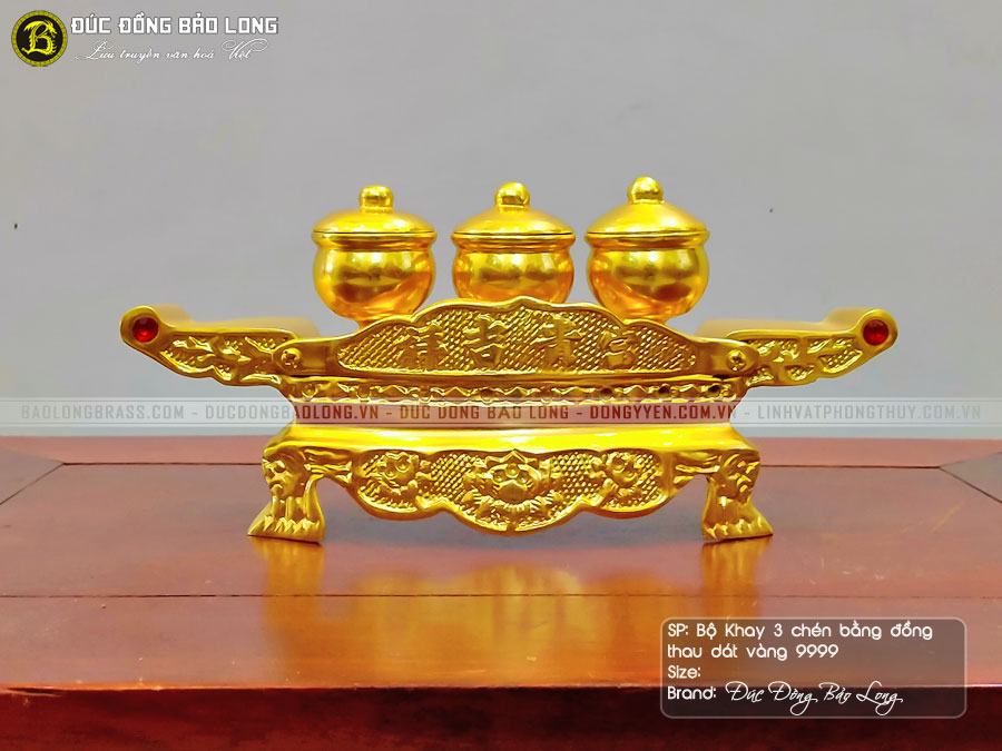 Bộ Khay 3 Chén Thờ Bằng Đồng Thau Dát Vàng 9999