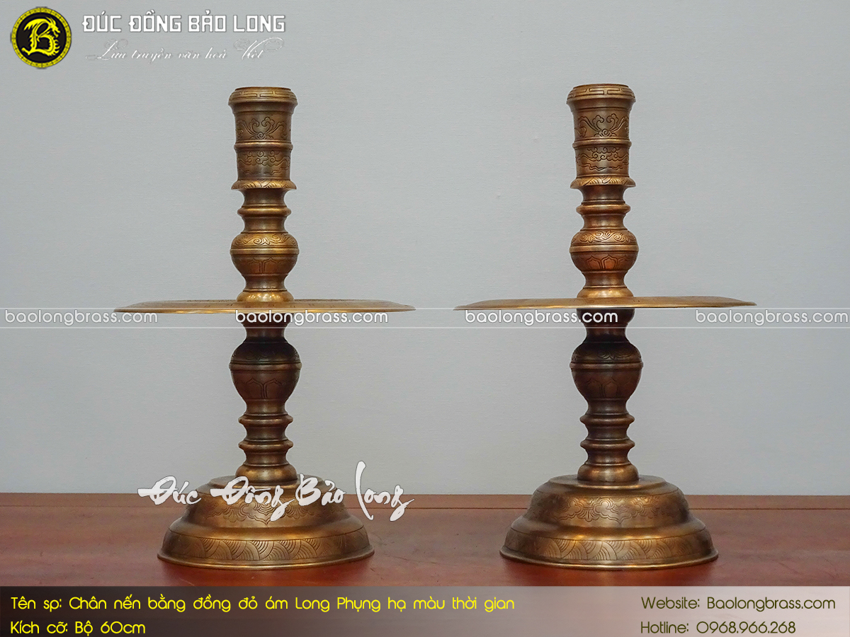 Chân Nến Bằng Đồng Đỏ Ám Long Phụng Hạ Màu Thời Gian Bộ 60cm ở Sài Gòn TPHCM