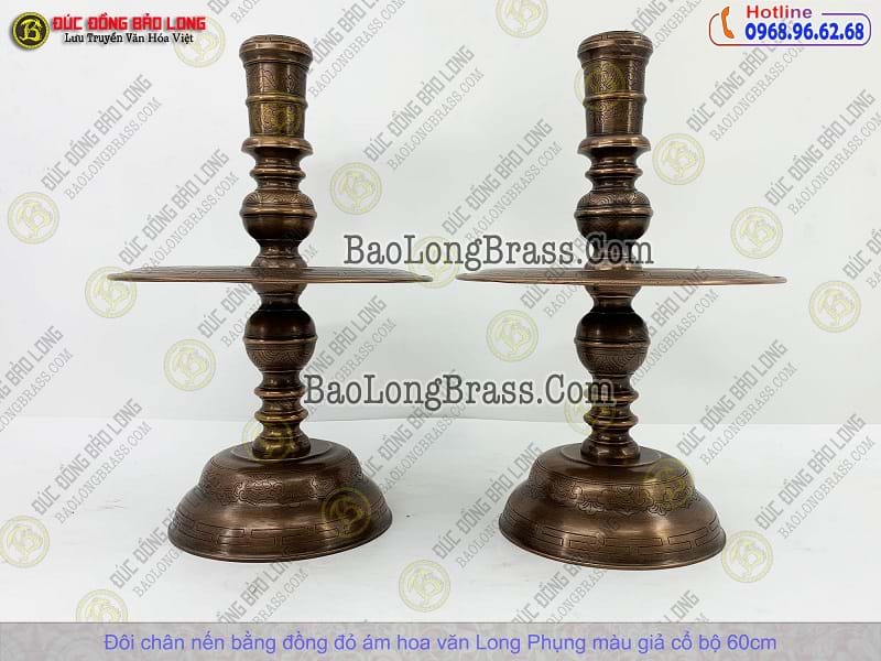 Đôi Chân Nến Bằng Đồng Đỏ Ám Long Phụng Màu Giả Cổ Bộ 60cm ở Sài Gòn TPHCM