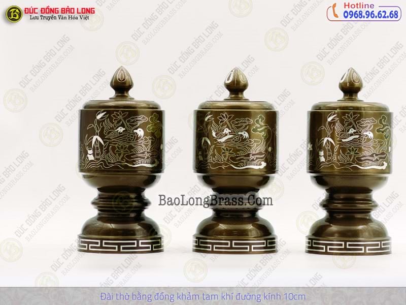 Bộ Đài Thờ Bằng Đồng Khảm Tam Khí ĐK 10cm