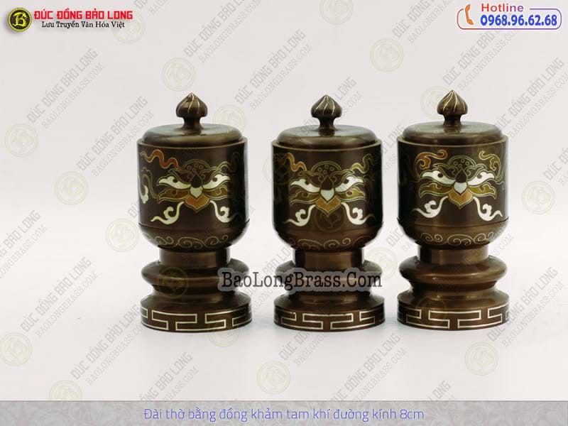 Bộ Đài Thờ Bằng Đồng Khảm Tam Khí ĐK 8cm