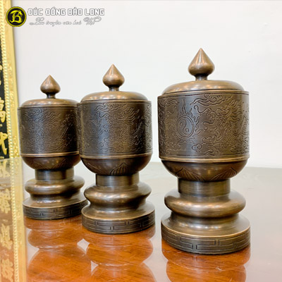 Bộ Đài Thờ Ám Hoa Văn 12cm Bằng Đồng Đỏ Giả Cổ