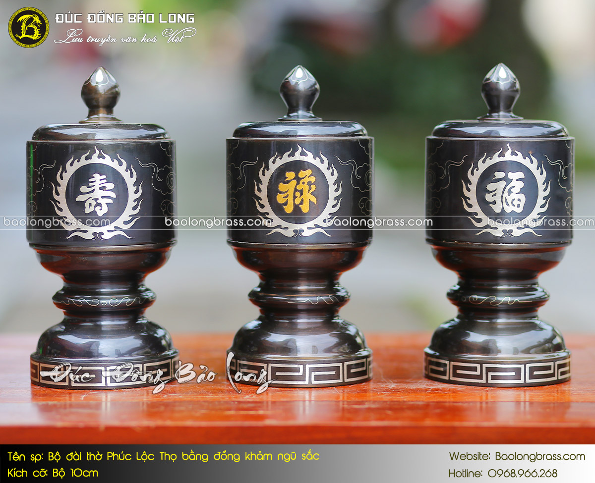 Bộ Đài Thờ Phúc Lộc Thọ Bằng Đồng Khảm Ngũ Sắc Bộ 10cm