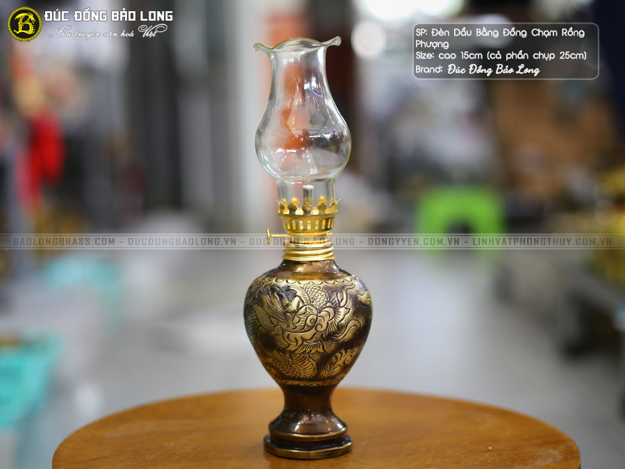Đèn Dầu Bằng Đồng Chạm Rồng Phượng Cao 15cm ở Sài Gòn TPHCM