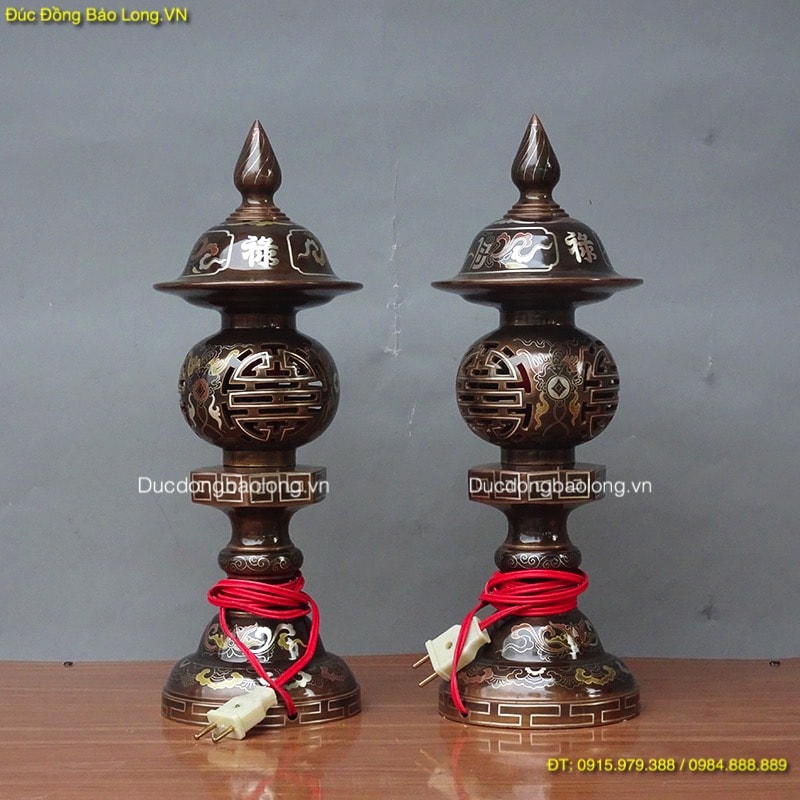 Đèn Đồng Khảm Tam Khí cao 42cm đặt bàn thờ ở Sài Gòn TPHCM