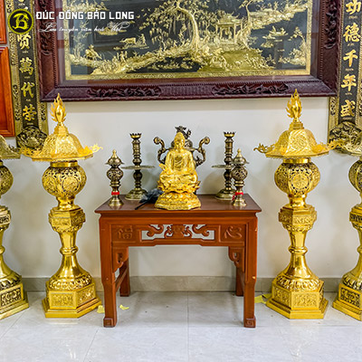 Đèn Thờ Bằng Đồng Vàng 1m55 Gò Thủ Công Màu Mộc