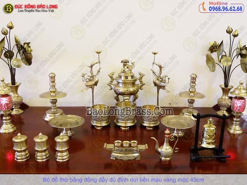 Bộ Đồ Thờ Bằng Đồng Đầy Đủ Đỉnh Dơi Tiền Màu Vàng Mộc 45cm ở Sài Gòn TPHCM