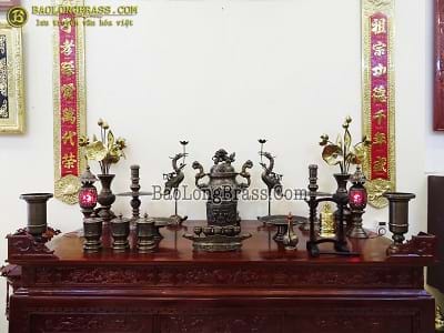 Bộ Đồ Thờ Bằng Đồng Đầy Đủ Đỉnh Hoa Sòi Màu Giả Cổ 60cm ở Sài Gòn TPHCM