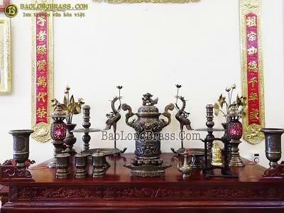 Bộ Đồ Thờ Bằng Đồng Đầy Đủ Đỉnh Long Phụng Màu Giả Cổ 70cm ở Sài Gòn TPHCM