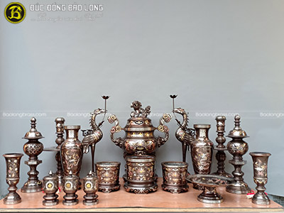 Bộ Đồ Thờ Bằng Đồng Đầy Đủ Khảm Long Phụng 5CV 70cm ở Sài Gòn TPHCM