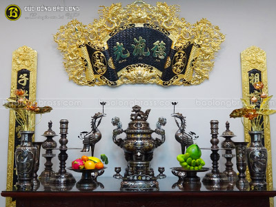 Bộ Đồ Thờ Bằng Đồng Đầy Đủ Khảm Ngũ Sắc 5 Chữ Vàng 70cm ở Sài Gòn TPHCM