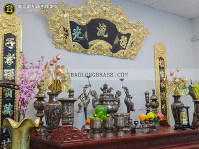 Bộ Đồ Thờ Bằng Đồng Đầy Đủ Khảm Tam Khí 1 Chữ Vàng 60cm ở Sài Gòn TPHCM