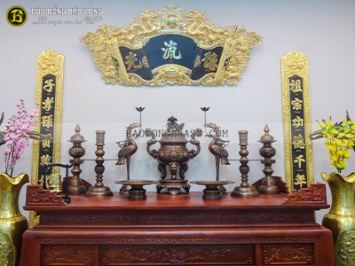 Bộ Đồ Thờ Bằng Đồng Đỏ Đỉnh Hoa Sòi Hạ Màu Thời Gian 70cm - Hàng Đặt ở Sài Gòn TPHCM