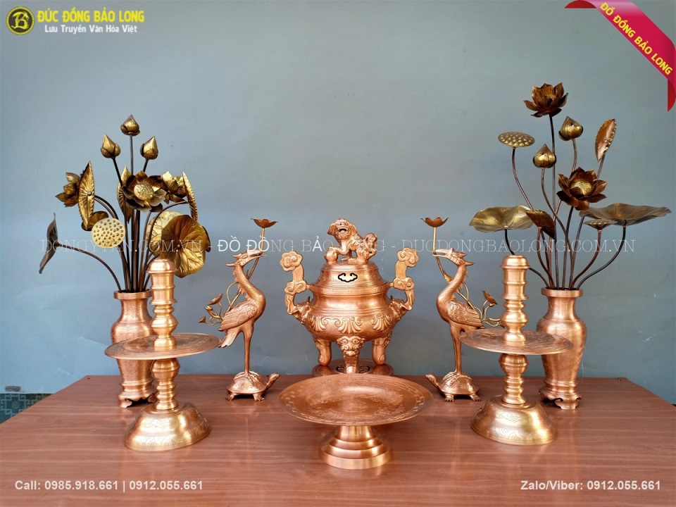 Bộ Đồ Thờ Bằng Đồng Đỏ Đỉnh Hoa Sòi 60cm ở Sài Gòn TPHCM