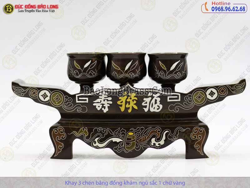 Bộ Khay 3 Chén Bằng Đồng Khảm Ngũ Sắc 1 Chữ Vàng