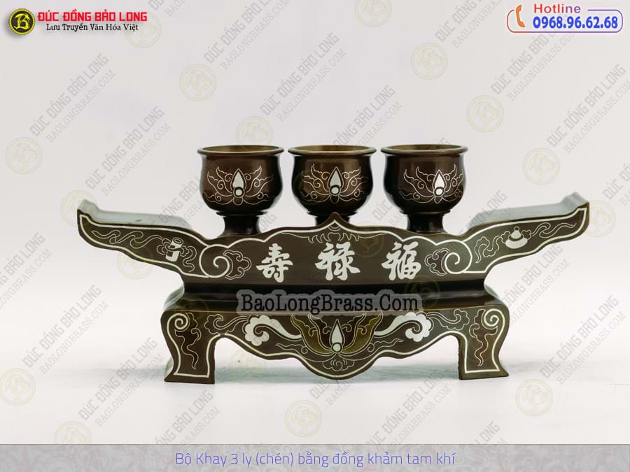 Bộ Khay 3 Chén Bằng Đồng Khảm Tam Khí