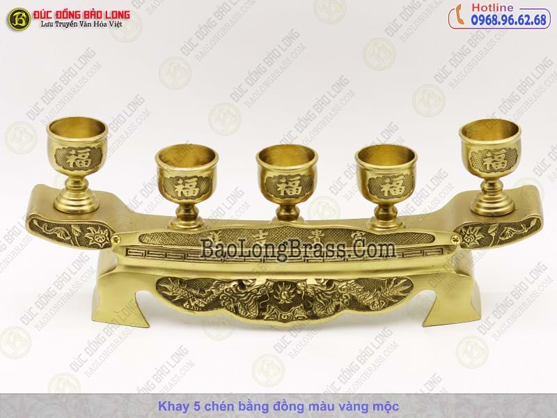 Bộ Khay 5 Chén Bằng Đồng Thau Màu Mộc