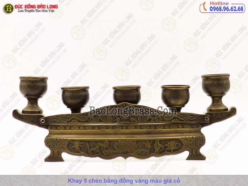 Bộ Khay 5 Chén Bằng Đồng Thau Màu Giả Cổ