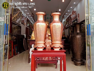 Đôi Lọ Hoa Miệng Đấu Chạm Rồng Phượng Bằng Đồng Đỏ Cao 60cm tại Sài Gòn TPHCM